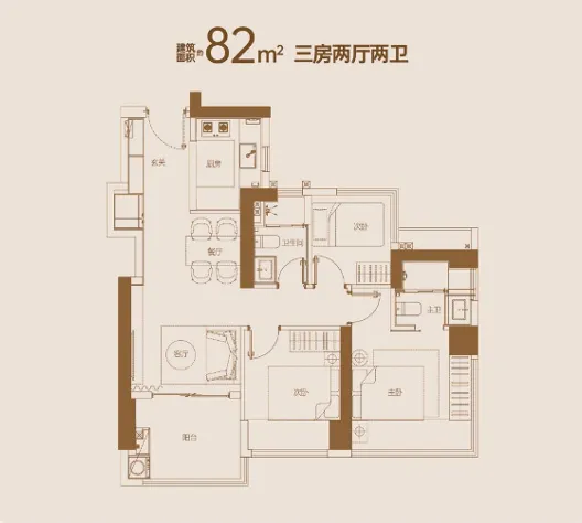 82㎡三房两厅两卫户型图